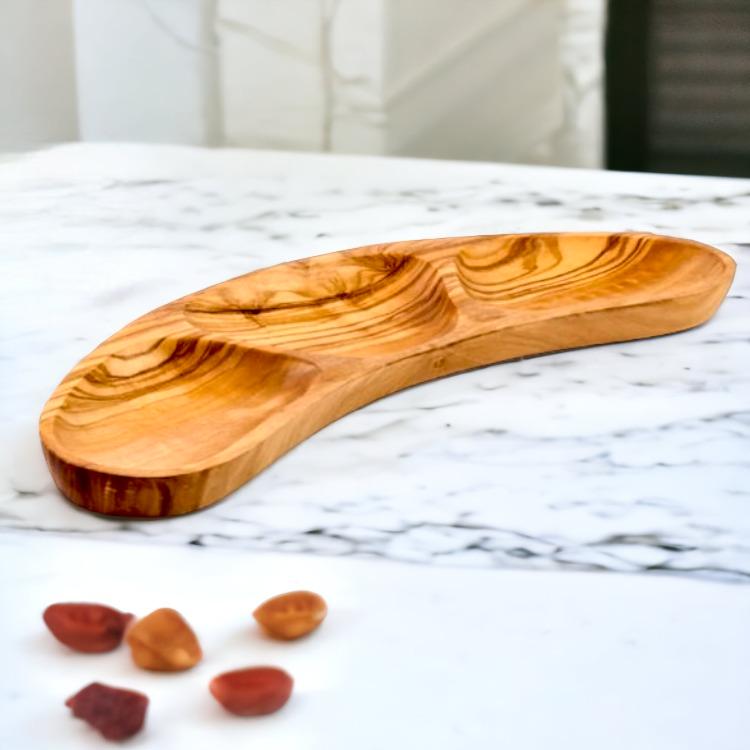 Olive wood crescent dish 3 sections